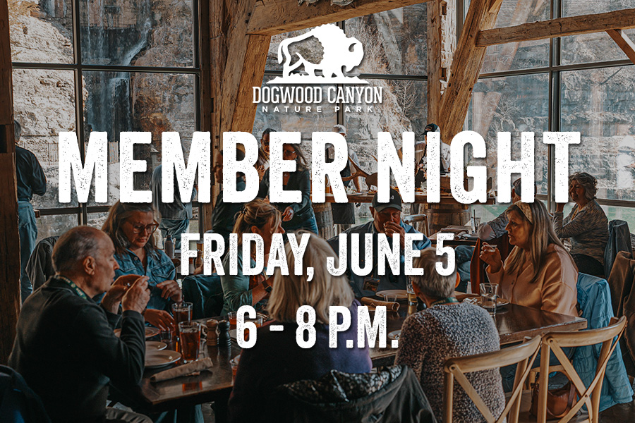 Interior of Canyon Grill restaurant with text saying: Dogwood Canyon Member Night Friday, June 5 6 - 8 p.m.