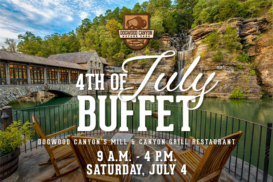 A waterfall empties into a river near the Dogwood Canyon Mill and chairs overlook the water with text: Dogwood Canyon 4th of July Buffet. Dogwood Canyon's Mill & Canyon Grill Restaurant 9 a.m. - 4 p.m. Saturday, July 4.