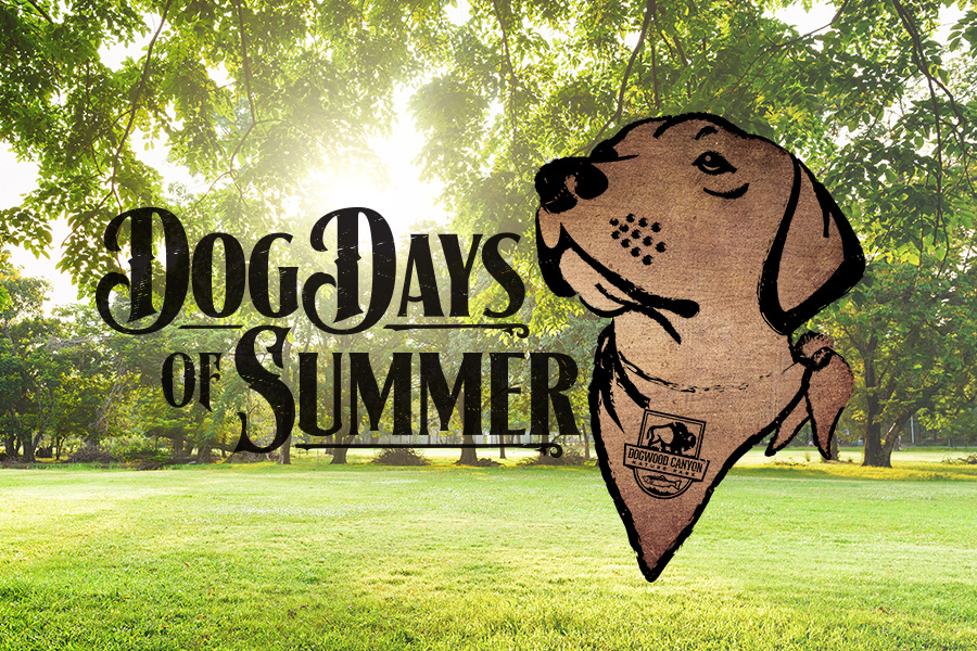 A grassy field with sunshine peaking through the trees with text: "Dog Days of Summer" and a silhouette of a lab wearing a Dogwood Canyon bandana.