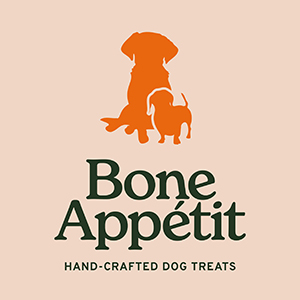 Logo with text: "Bone Appetit Hand-crafted dog treats"