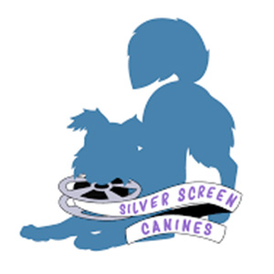 Blue silhouetted dog holding a film reel in his mouth with text: "Silver Screen Canines"