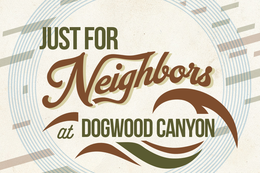 Parchment with swirls and flourishes and text: "JUST FOR NEIGHBORS AT DOGWOOD CANYON"