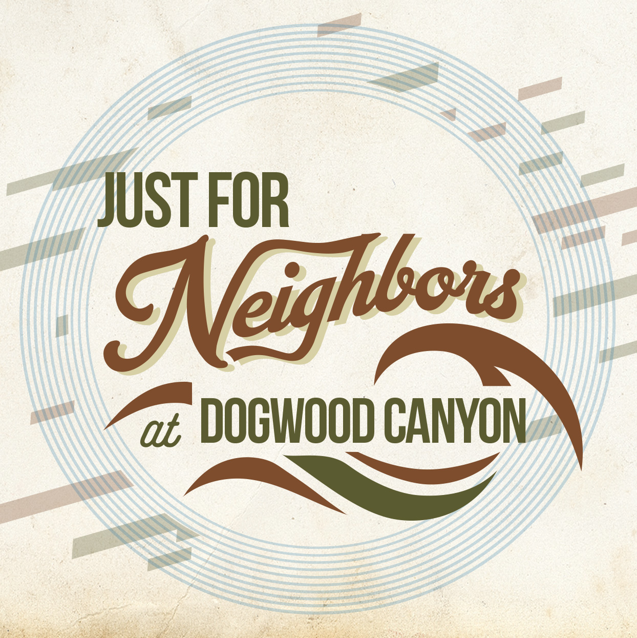 Parchment background with swirls and lines encompassing a circular graphic with text: "Just for Neighbors at Dogwood".
