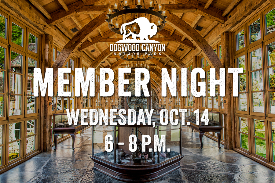 Interior photo of the Dogwood Canyon Mill museum with text: "Dogwood Canyon Member Night Wednesday, Oct 14 6 - 8 p.m."